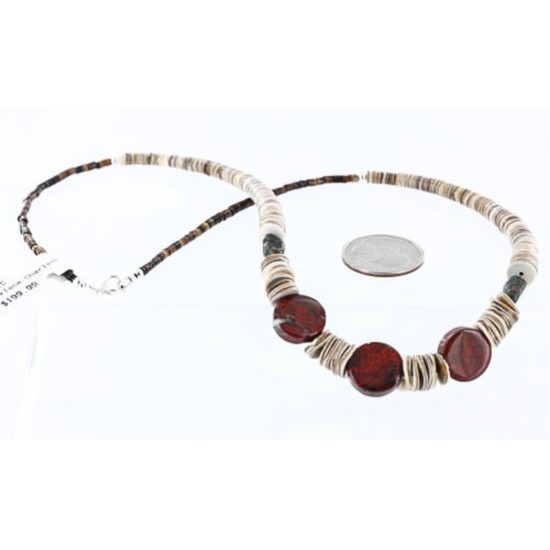 Certified Authentic Navajo .925 Sterling Silver Graduated Melon Shell and Jasper Turquoise Native American Necklace 750113-11