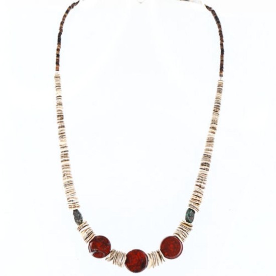 Certified Authentic Navajo .925 Sterling Silver Graduated Melon Shell and Jasper Turquoise Native American Necklace 750113-11