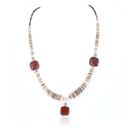 Certified Authentic Navajo .925 Sterling Silver Graduated Melon Shell and Jasper Turquoise Native American Necklace 790101-17