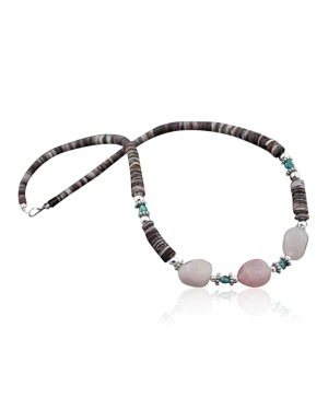 Certified Authentic Navajo .925 Sterling Silver Graduated Melon Shell and Natural Turquoise Quartz Native American Necklace 7501006-100