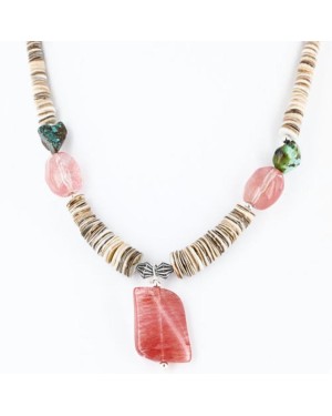 Certified Authentic Navajo .925 Sterling Silver Graduated Melon Shell and Quartz and Turquoise Native American Necklace 15427-8