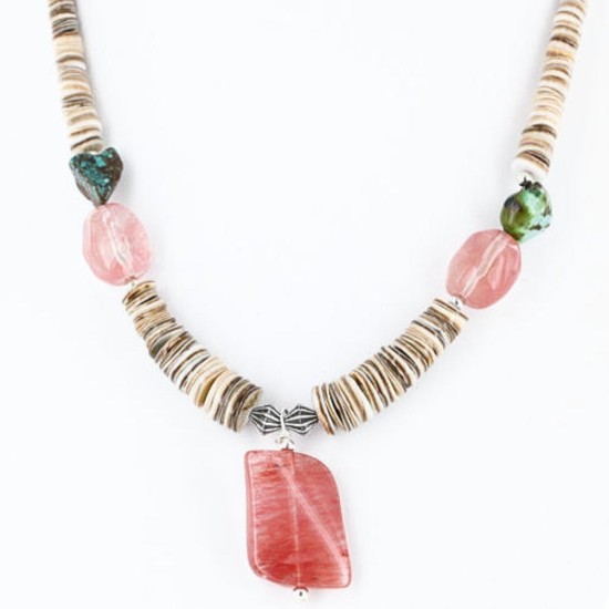 Certified Authentic Navajo .925 Sterling Silver Graduated Melon Shell and Quartz and Turquoise Native American Necklace 15427-8