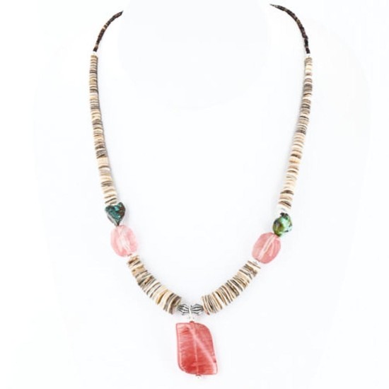 Certified Authentic Navajo .925 Sterling Silver Graduated Melon Shell and Quartz and Turquoise Native American Necklace 15427-8