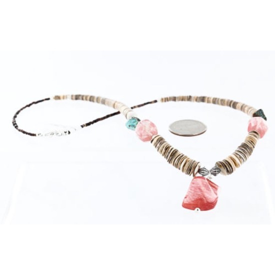 Certified Authentic Navajo .925 Sterling Silver Graduated Melon Shell and Quartz and Turquoise Native American Necklace 15427-8