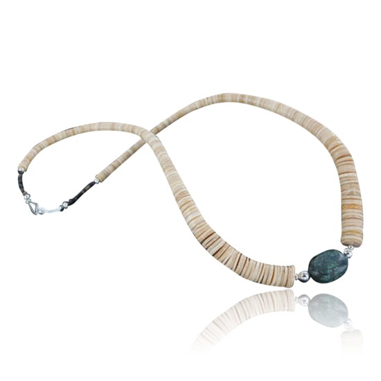 Certified Authentic Navajo .925 Sterling Silver Graduated Melon Shell and ST Turquoise Native American Necklace 15151-22
