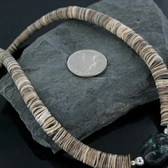 Navajo .925 Sterling Silver Graduated Melon Shell and STORMY MOUTAIN Turquoise Native American Necklace 390675815200 Navajo .925 Sterling Silver Graduated Melon Shell and STORMY MOUTAIN Turquoise Native American Necklace 390675815200