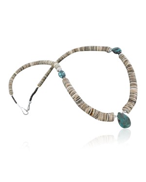 Certified Authentic Navajo .925 Sterling Silver Graduated Melon Shell and Stormy Turquoise Native American Necklace 390668326089