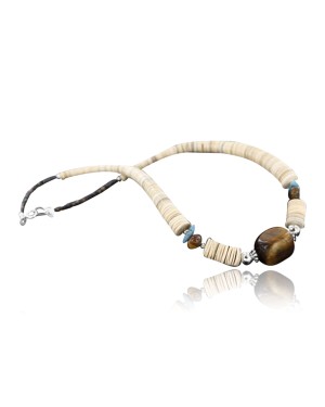 Certified Authentic Navajo .925 Sterling Silver Graduated Melon Shell and Tigers Eye Turquoise Native American Necklace 15562-108