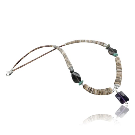 Certified Authentic Navajo .925 Sterling Silver Graduated Melon Shell and Turquoise Amethyst Native American Necklace 370964169954