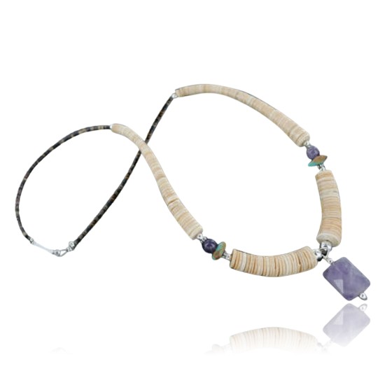 Certified Authentic Navajo .925 Sterling Silver Graduated Melon Shell and Turquoise Amethyst Native American Necklace 390725874649