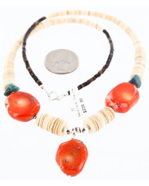 Certified Authentic Navajo .925 Sterling Silver Graduated Melon Shell and Turquoise CORAL Native American Necklace 390779287110