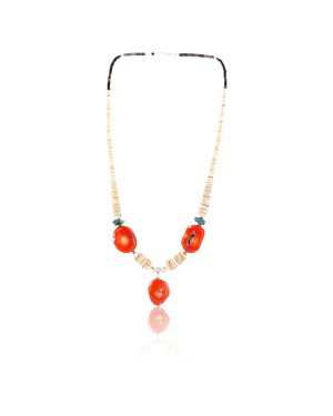 Certified Authentic Navajo .925 Sterling Silver Graduated Melon Shell and Turquoise CORAL Native American Necklace 390779287110