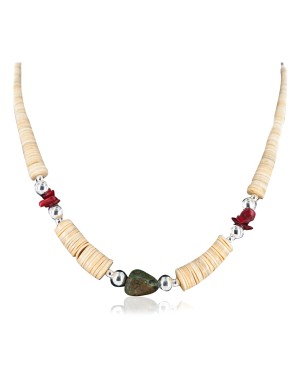 Certified Authentic Navajo .925 Sterling Silver Graduated Melon Shell and Turquoise Coral Native American Necklace 750156