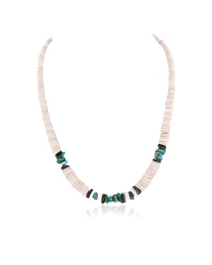 Certified Authentic Navajo .925 Sterling Silver Graduated Melon Shell and Turquoise Native American Necklace 1 16051-1