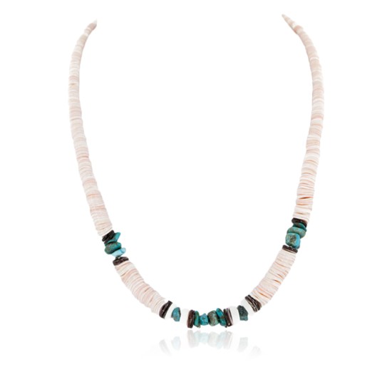 Certified Authentic Navajo .925 Sterling Silver Graduated Melon Shell and Turquoise Native American Necklace 1 16051-1