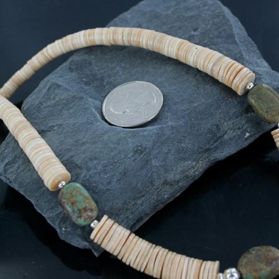 Certified Authentic Navajo .925 Sterling Silver Graduated Melon Shell and TURQUOISE Native American Necklace 15213-17