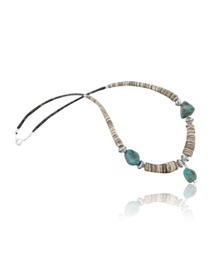 Certified Authentic Navajo .925 Sterling Silver Graduated Melon Shell and Turquoise Native American Necklace 15213-40
