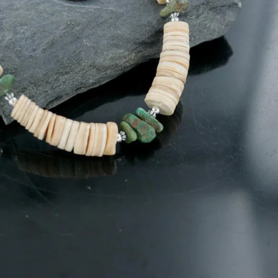 Navajo .925 Sterling Silver Graduated Melon Shell and Turquoise Native American Necklace 15383-20 Navajo .925 Sterling Silver Graduated Melon Shell and Turquoise Native American Necklace 15383-20