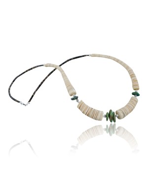 Certified Authentic Navajo .925 Sterling Silver Graduated Melon Shell and Turquoise Native American Necklace 15383-27