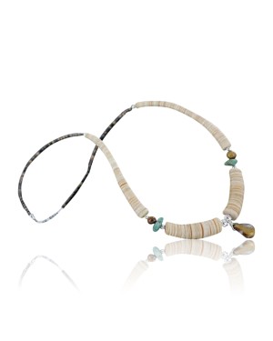 Certified Authentic Navajo .925 Sterling Silver Graduated Melon Shell and Turquoise Native American Necklace 15432-34