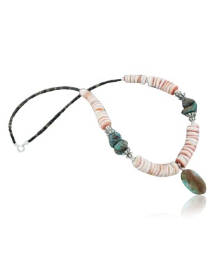 Certified Authentic Navajo .925 Sterling Silver Graduated Melon Shell and Turquoise Native American Necklace 15432-6