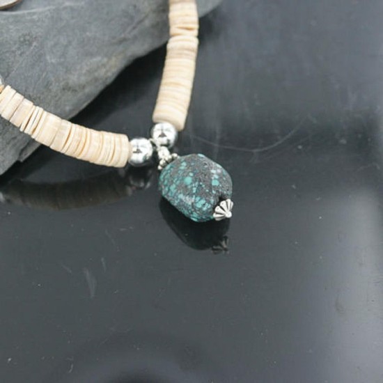Certified Authentic Navajo .925 Sterling Silver Graduated Melon Shell and Turquoise Native American Necklace 15554-24