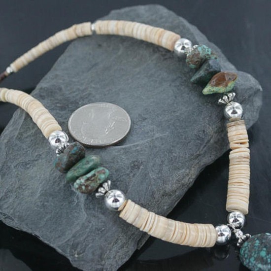 Certified Authentic Navajo .925 Sterling Silver Graduated Melon Shell and Turquoise Native American Necklace 15554-24
