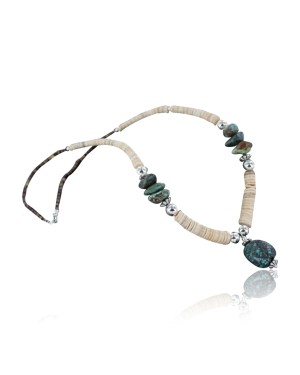 Certified Authentic Navajo .925 Sterling Silver Graduated Melon Shell and Turquoise Native American Necklace 15554-24