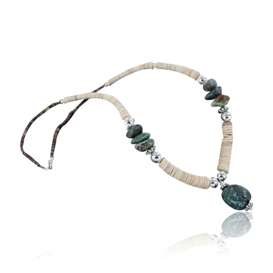 Certified Authentic Navajo .925 Sterling Silver Graduated Melon Shell and Turquoise Native American Necklace 15554-24
