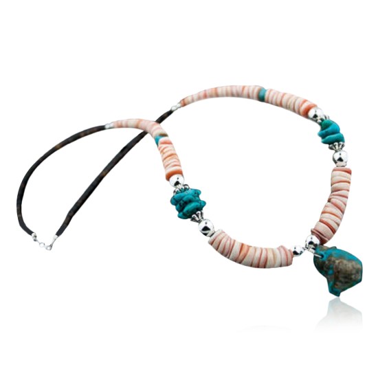Certified Authentic Navajo .925 Sterling Silver Graduated Melon Shell and Turquoise Native American Necklace 15554-4