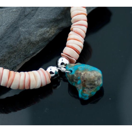 Certified Authentic Navajo .925 Sterling Silver Graduated Melon Shell and Turquoise Native American Necklace 15554-4