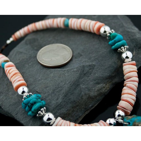 Certified Authentic Navajo .925 Sterling Silver Graduated Melon Shell and Turquoise Native American Necklace 15554-4