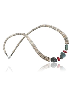 Certified Authentic Navajo .925 Sterling Silver Graduated Melon Shell and Turquoise Native American Necklace 15554-63