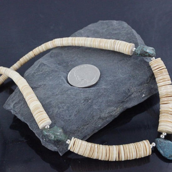 Certified Authentic Navajo .925 Sterling Silver Graduated Melon Shell and Turquoise Native American Necklace 15562-12