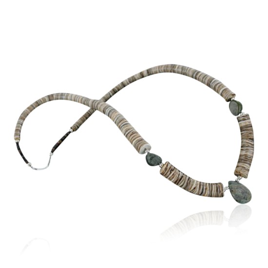 Certified Authentic Navajo .925 Sterling Silver Graduated Melon Shell and Turquoise Native American Necklace 15562-17