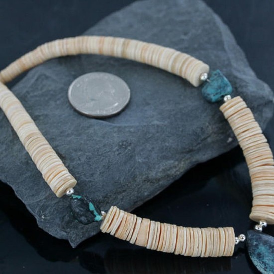 Certified Authentic Navajo .925 Sterling Silver Graduated Melon Shell and Turquoise Native American Necklace 15562-9