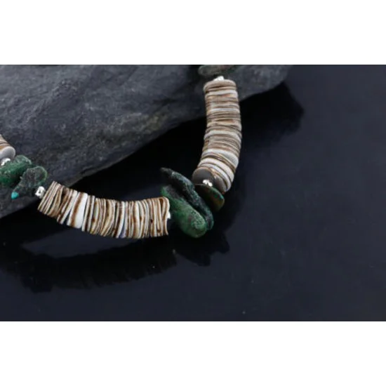 Navajo .925 Sterling Silver Graduated Melon Shell and Turquoise Native American Necklace 15624-35 Navajo .925 Sterling Silver Graduated Melon Shell and Turquoise Native American Necklace 15624-35
