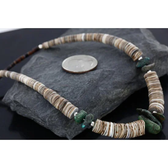 Navajo .925 Sterling Silver Graduated Melon Shell and Turquoise Native American Necklace 15624-35 Navajo .925 Sterling Silver Graduated Melon Shell and Turquoise Native American Necklace 15624-35