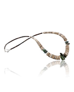Certified Authentic Navajo .925 Sterling Silver Graduated Melon Shell and Turquoise Native American Necklace 15624-35