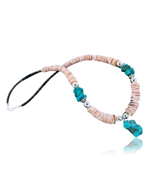 Certified Authentic Navajo .925 Sterling Silver Graduated Melon Shell and Turquoise Native American Necklace 15778-122
