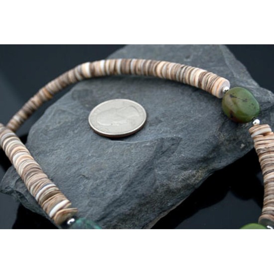 Certified Authentic Navajo .925 Sterling Silver Graduated Melon Shell and Turquoise Native American Necklace 15778-25