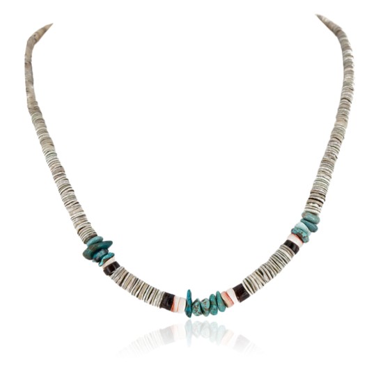 Certified Authentic Navajo .925 Sterling Silver Graduated Melon Shell and Turquoise Native American Necklace 16051-2