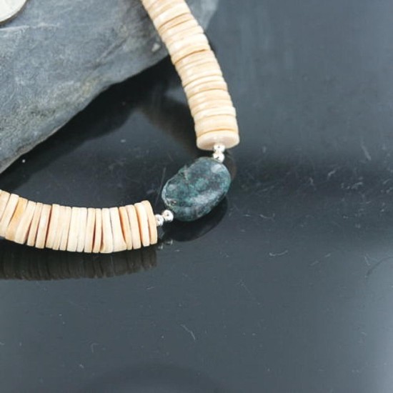 Certified Authentic Navajo .925 Sterling Silver Graduated Melon Shell and Turquoise Native American Necklace 18108-72