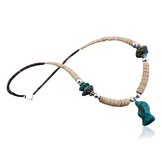 Certified Authentic Navajo .925 Sterling Silver Graduated Melon Shell and Turquoise Native American Necklace 370881721004