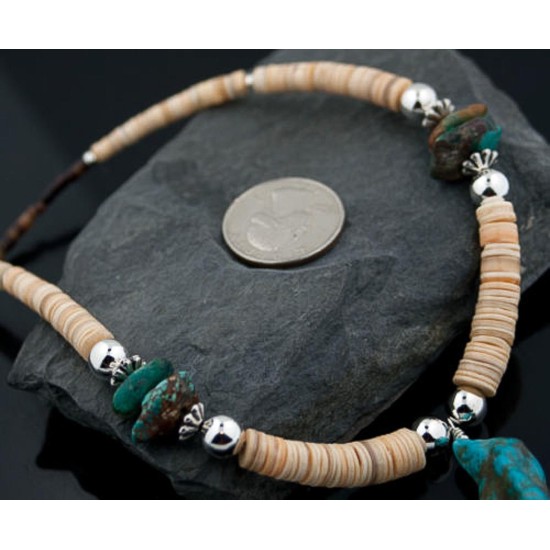 Certified Authentic Navajo .925 Sterling Silver Graduated Melon Shell and Turquoise Native American Necklace 370881721004