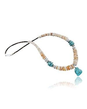 Certified Authentic Navajo .925 Sterling Silver Graduated Melon Shell and Turquoise Native American Necklace 370902827823