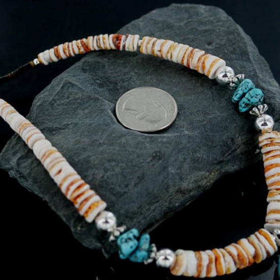 Certified Authentic Navajo .925 Sterling Silver Graduated Melon Shell and Turquoise Native American Necklace 370902827823