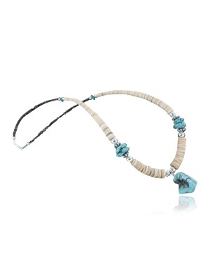 Certified Authentic Navajo .925 Sterling Silver Graduated Melon Shell and Turquoise Native American Necklace 370909132740