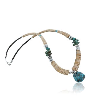 Certified Authentic Navajo .925 Sterling Silver Graduated Melon Shell and Turquoise Native American Necklace 370910452741