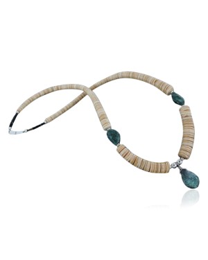 Certified Authentic Navajo .925 Sterling Silver Graduated Melon Shell and Turquoise Native American Necklace 370912899022
